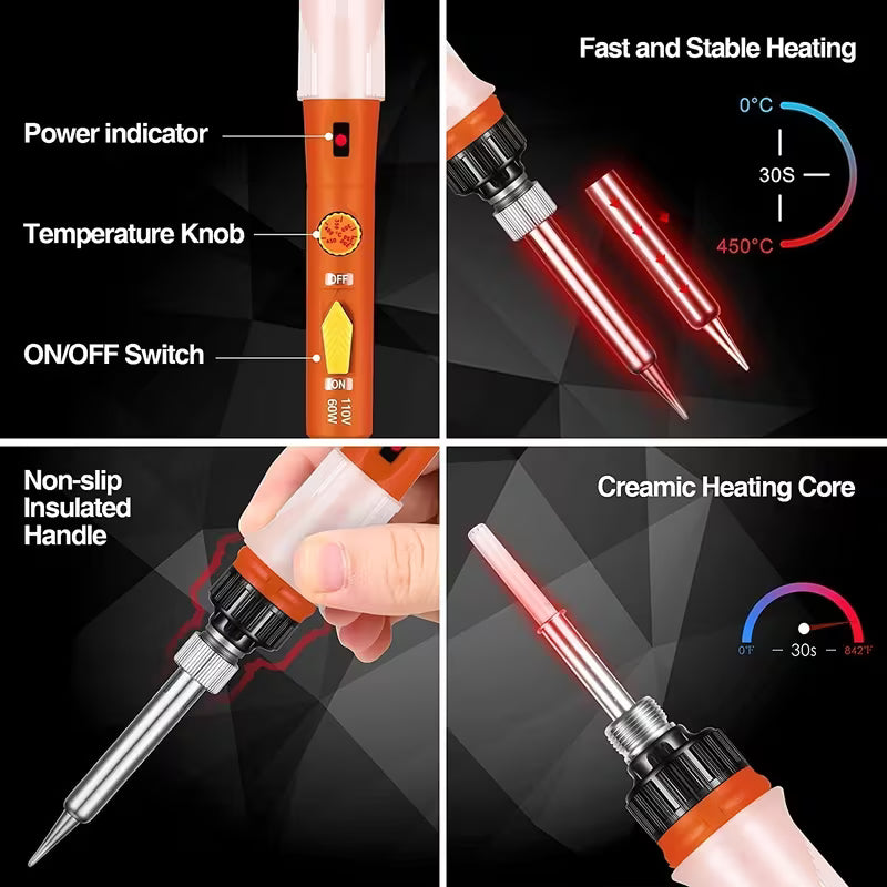 60W Electric Soldering Set with Adjustable Temperature Switch, 5 Soldering Tips, Small Holder, Wire