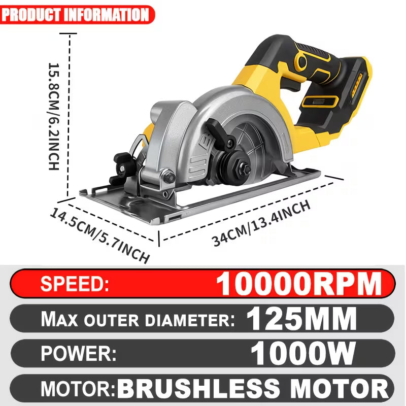 5-Inch 1000W Brushless Cordless Circular Saw, 10000RPM No Load Speed
