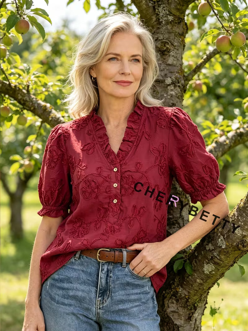 CHERRYBETTY Women'S Tops And Blouses, Solid Flower Embroidered V-Neck Top, Summer Shirts