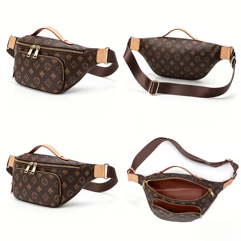 1pc Coffee Retro Printed Crossbody Bag, Stylish Waist Bag, Versatile Chest Bag for Women