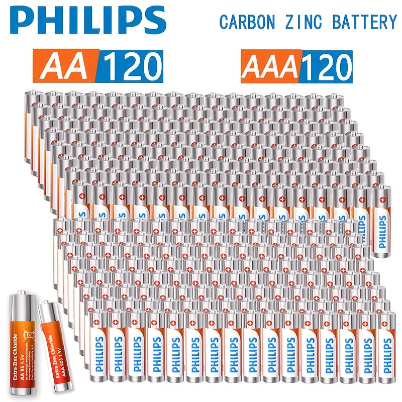 PHILIPS 120/240pcs AA And AAA Battery Set Combination, 1.5V Carbon