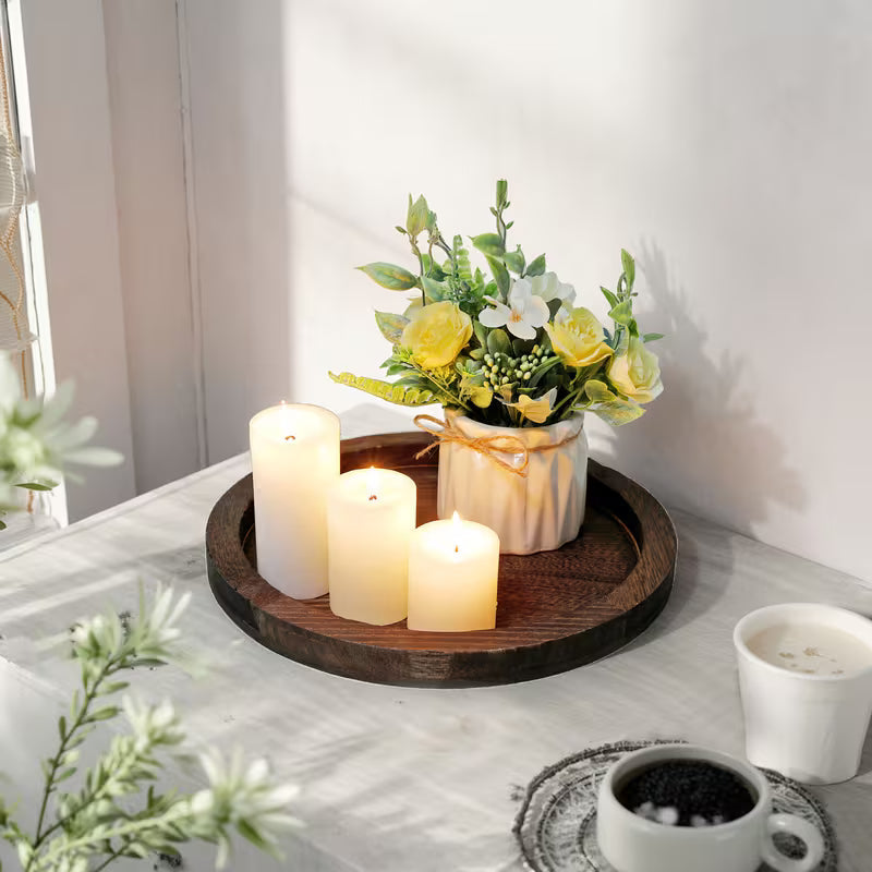 11-Inch Vintage Farmhouse Wooden Serving Tray - Rustic Kitchen Countertop Decor, Candle