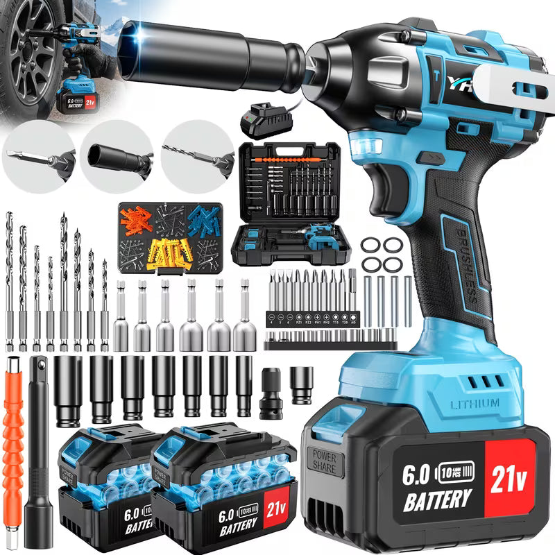 21V Brushless Cordless Impact Wrench, 590ft High Torque, Upgraded 6000mAh Battery