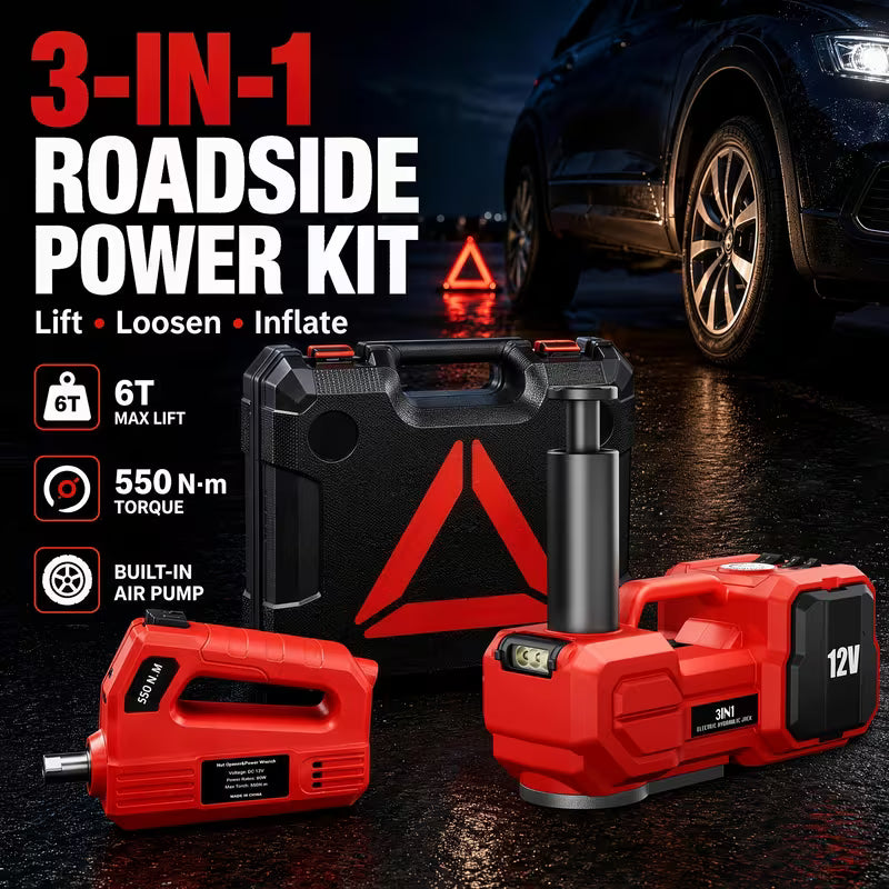 Electric Car Jack Kit, 6 Ton 12V Hydraulic Car Lift with Built-In Tire Inflator