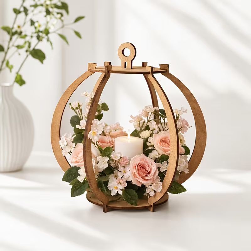 Vintage Laser-Cut Wooden Lantern Candle Holder with Gentle Pink Rose Artificial Floral Arrangement