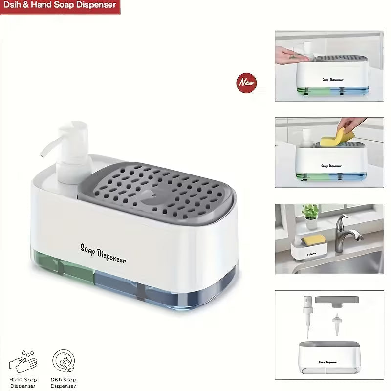 2-in-1 Soap Dispenser and Sponge Holder - Freestanding Countertop Storage Box with Pump