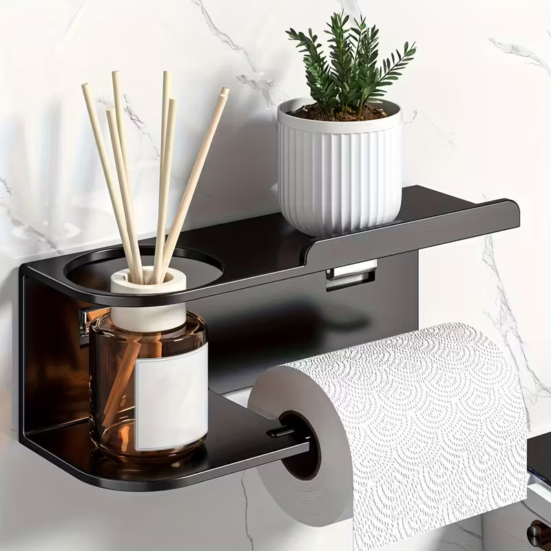LDQ Modern Black Self-Adhesive Wall-Mounted Tissue Holder & Perfume Organizer - Space-Saving