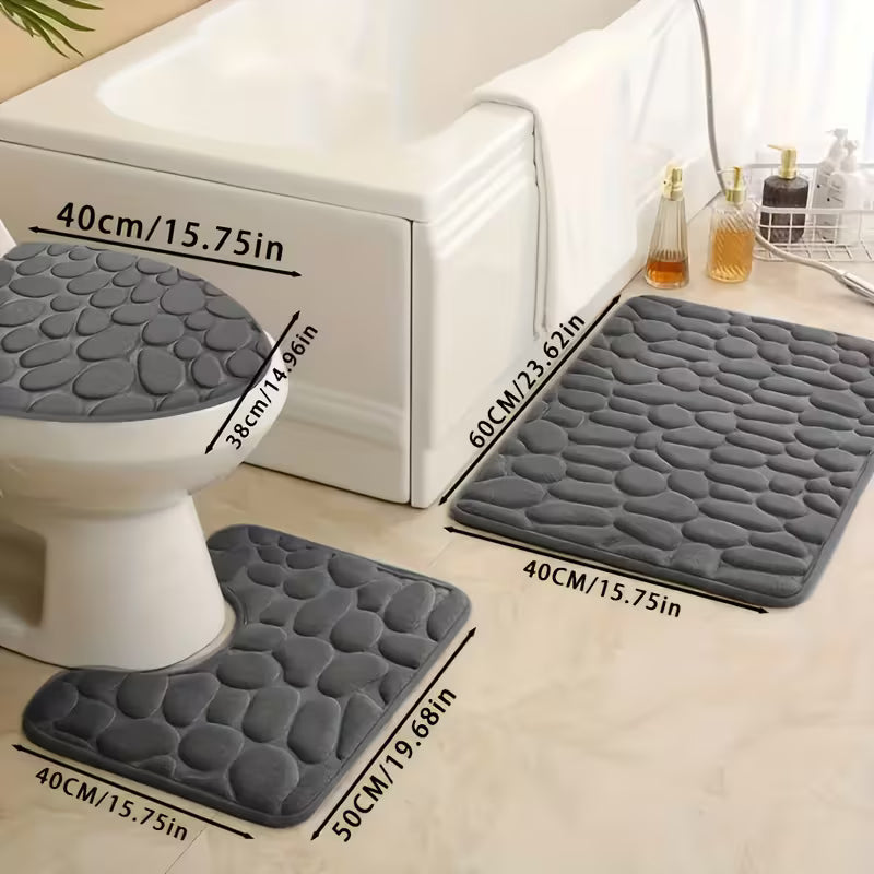 3pcs Geometric-Pattern Coral Fleece Bath Rug Set - Memory Foam, Machine Washable Bath Mats