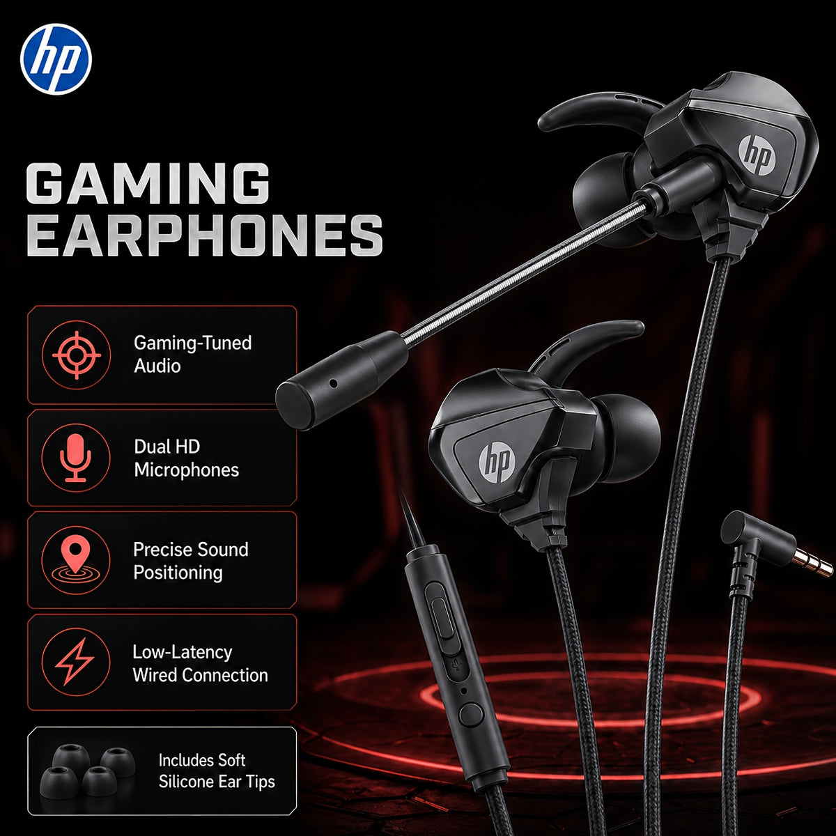 HP Wired Gaming Earbuds 3.5mm with Detachable Boom Mic & In-line Volume
