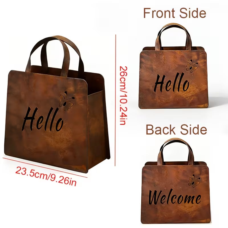 1pc Vintage Iron Handbag Garden Statue with Hello & Welcome Sign