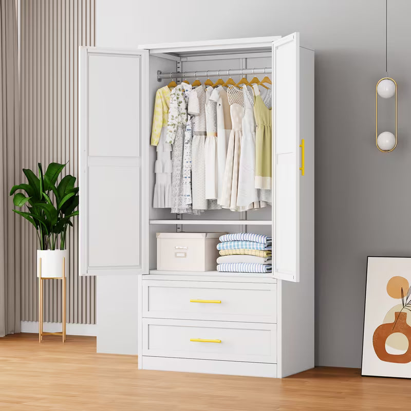Mxa 71.39 "H metal storage cabinet with armrests, 2 drawers, adjustable shelves, clothesline