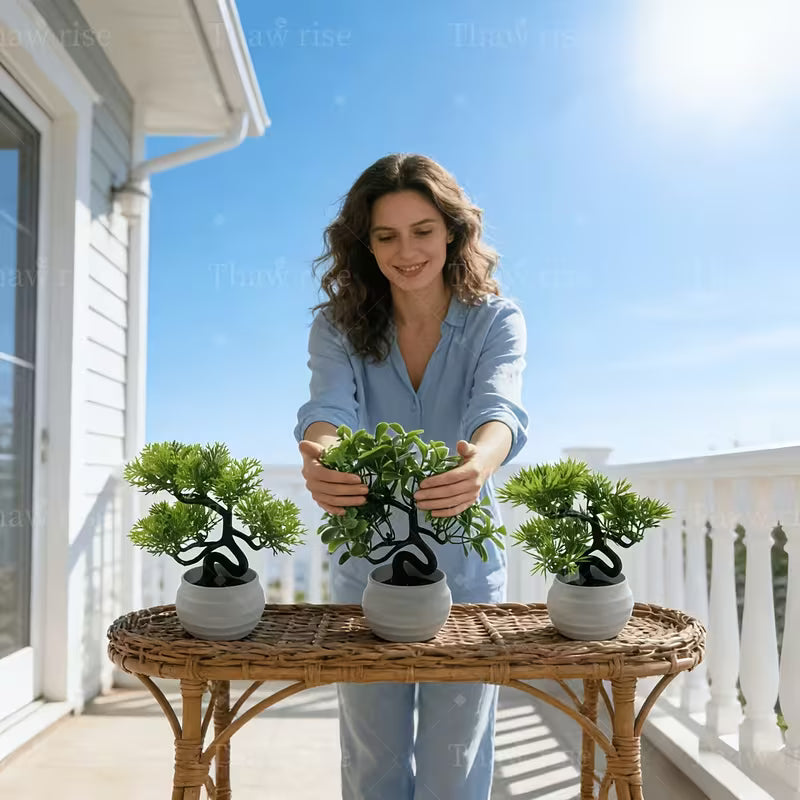3 Pots - Artificial Fresh Green Plant Pots - Includes White Plastic Pots, Perfect for Indoor