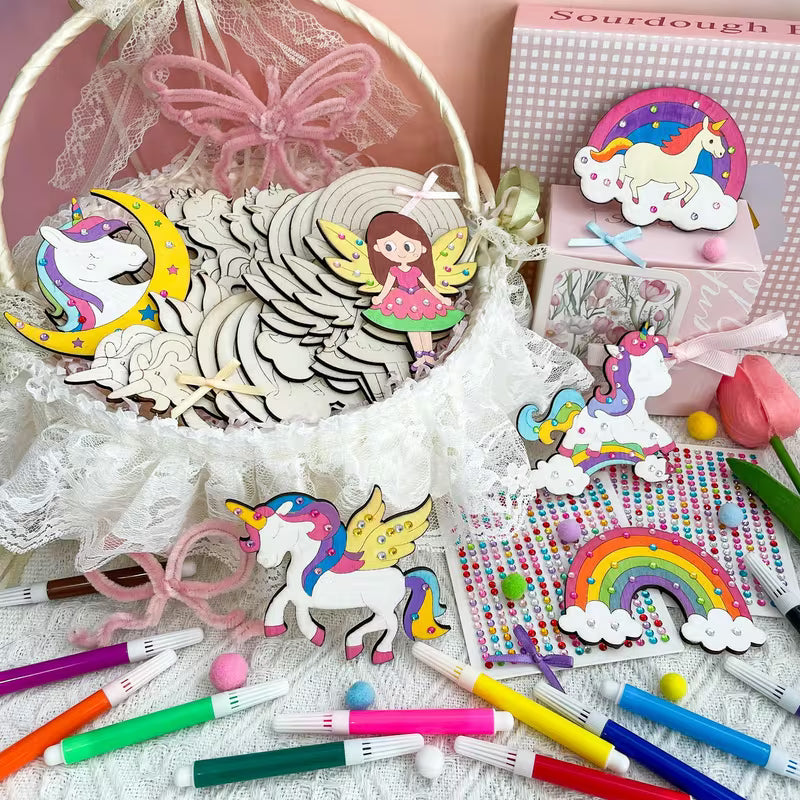 24-Piece Unfinished Wood Unicorn Cutouts Kids Craft Kit with 12 Markers