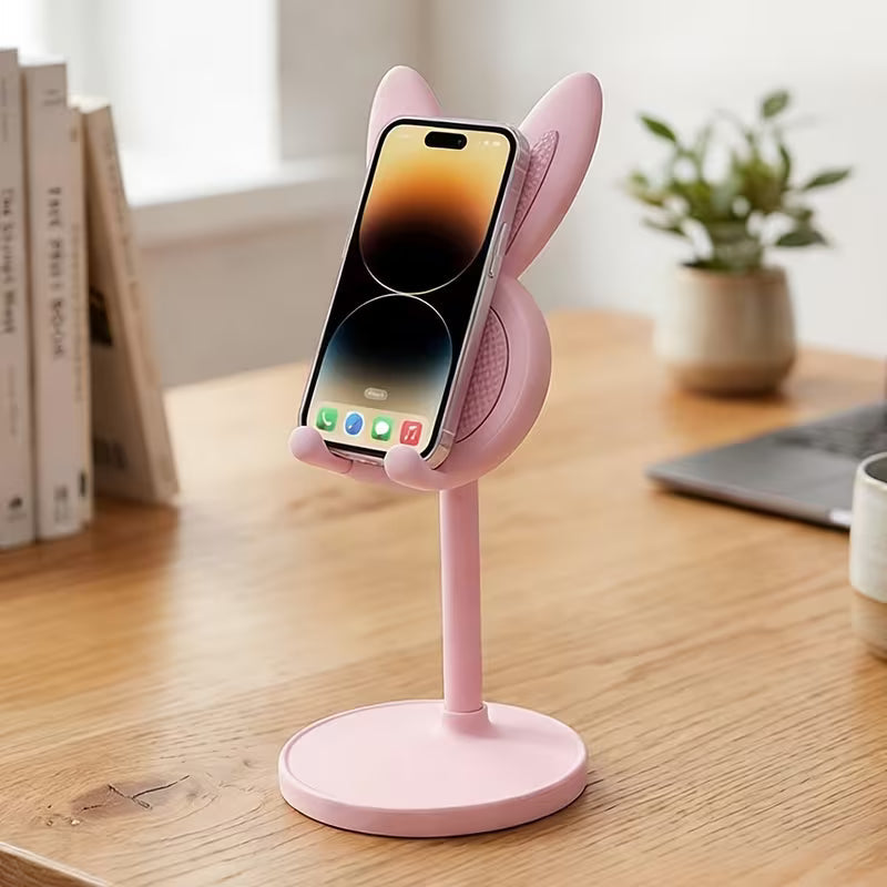 Easter Bunny Phone Stand - Cute Pink Floral Design with Bunny Ears And Bow, Adjustable Height