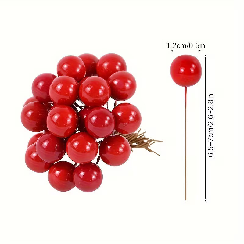 50pcs Chistmas Red Berry Stems, Artificial Round Berry Simulation Foam Fruit Cherry