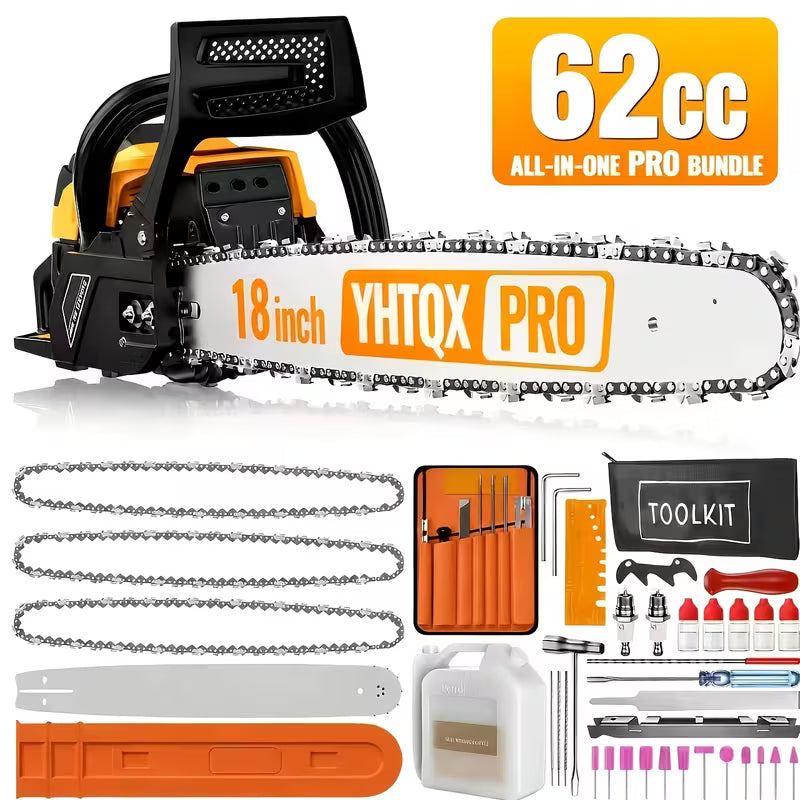 62cc Professional Gas Powered Chainsaw, 2-Stroke Gasoline Chain Saw with 3 Extra Chains