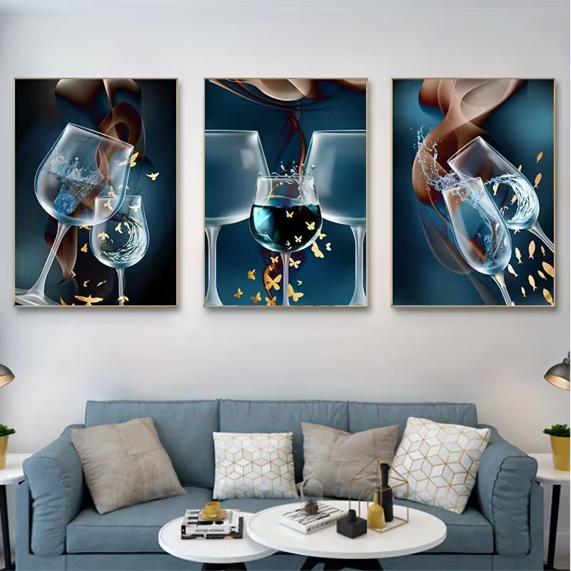 2D Flat 3pcs 15.7*23.6in/40cm*60cm Frameless Abstract Wineglass Wine Wall Art Canvas Painting