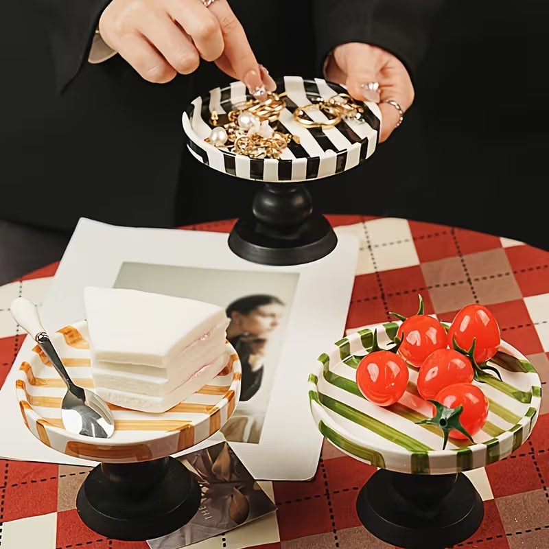 Hand-Painted Vintage Japanese Striped Ceramic Dinner Plate Set, Ceramic