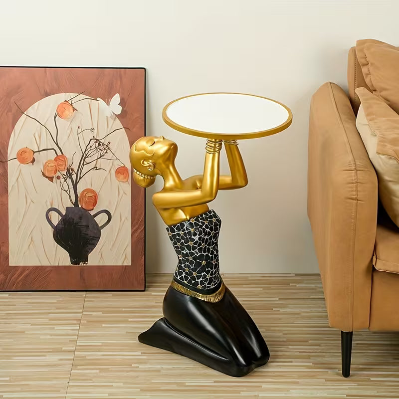 1pc Resin Black + Golden Kneeling Figure Side Table