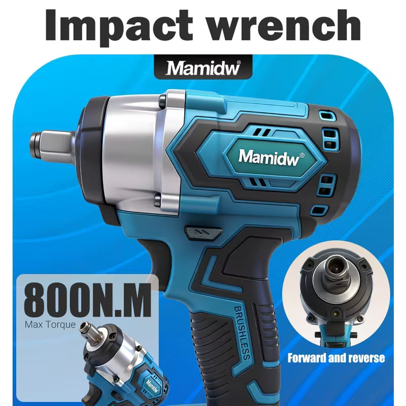 Mamidw 800N.M Cordless Impact Wrench High Torque LED Brushless Electric Wrench 18V Auto Repair