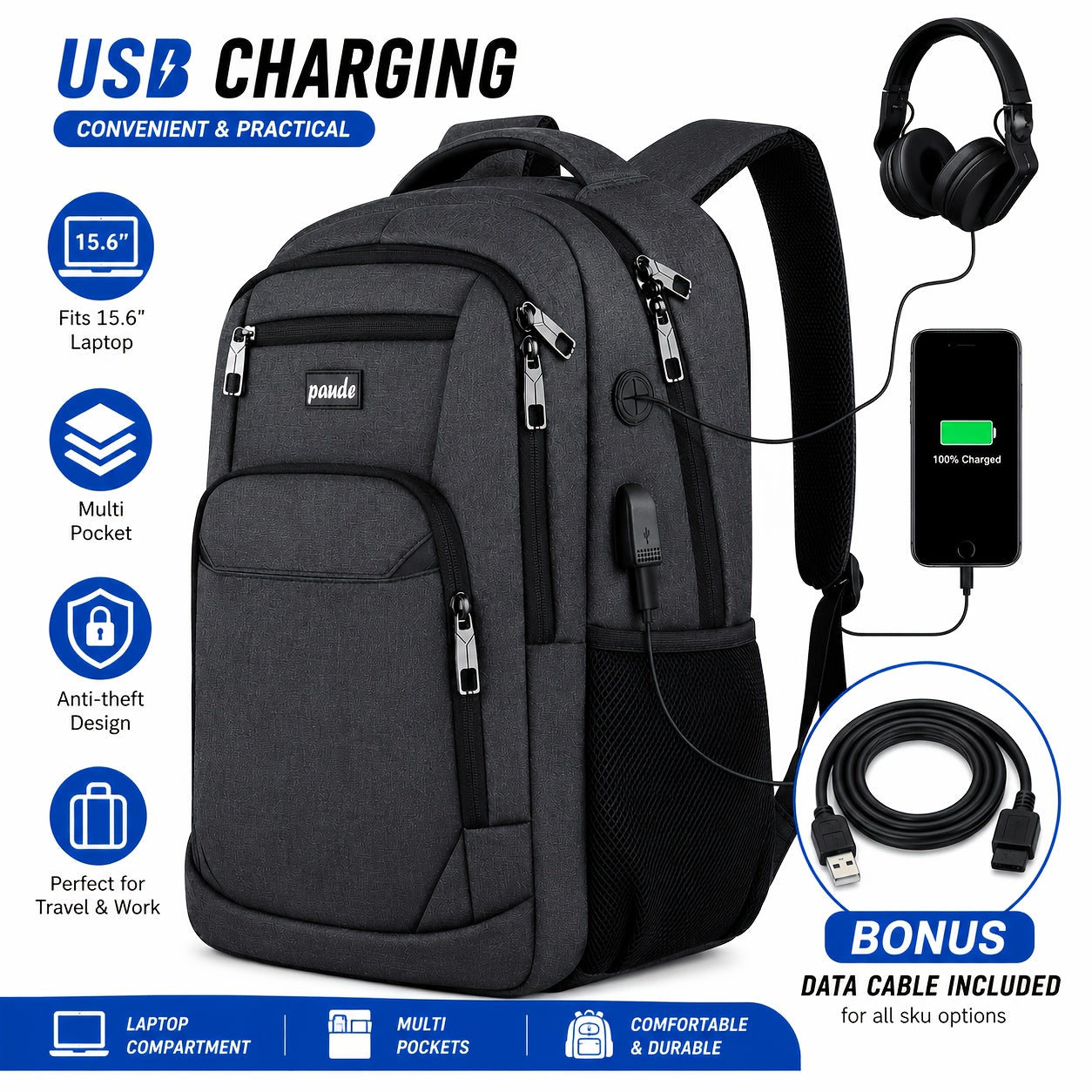 Unisex Backpack, Teen Student Backpack, 15.6-inch Laptop Backpack