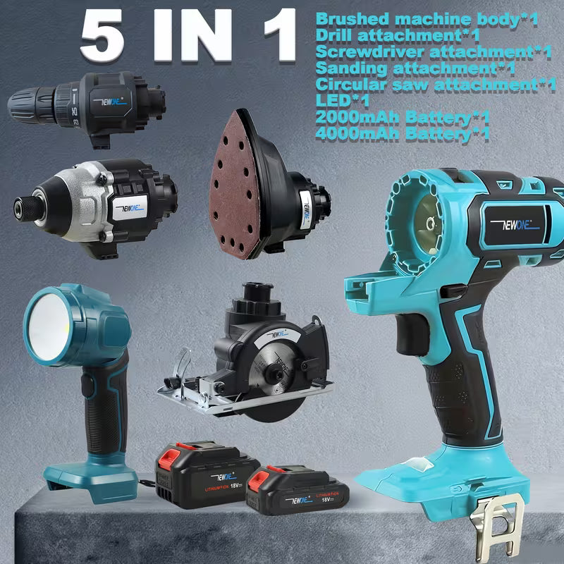 18V Cordless Power Tools Combo Kit Includes Drill, Screwdriver, Sander, Circular Saw Attachment