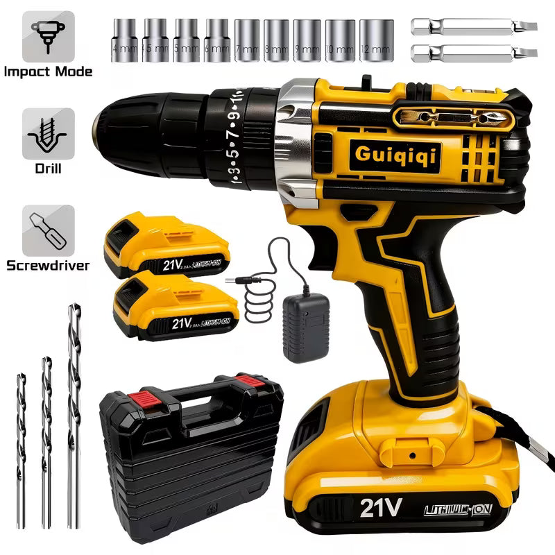 21V Cordless Lithium Drill Electric Screwdriver With Impact Function And Work Light
