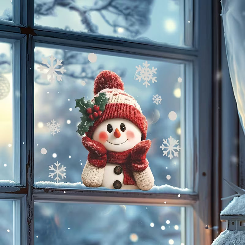 2D Flat, Large Smiling Snowman with Snowflakes Static Cling Window Decals