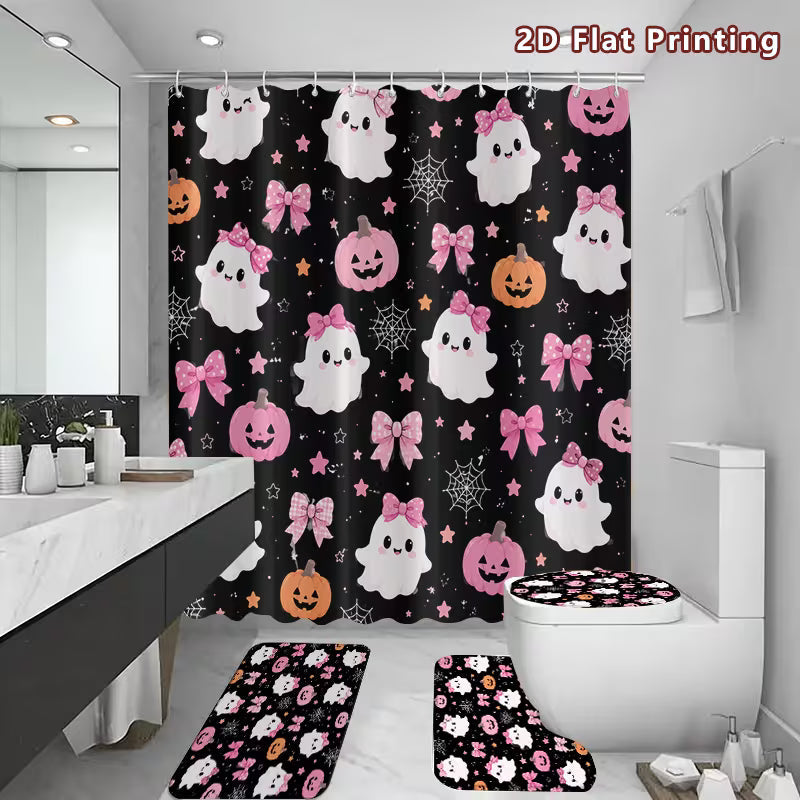 2D Flat, 2D Flat 4pcs Boho Shower Curtain Set, Black Pink and Pumpkin Pattern Bathroom Decor