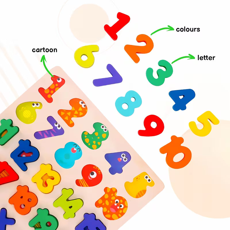 Wooden Alphabet and Number Puzzle with Mixed Colors with Puzzle Board