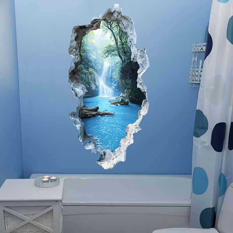 Creative Ripped Valley Waterfall Scenery Wall Decal, Landscape, Plastic