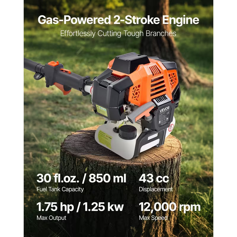 Gas Powered Pole Saw Rotatable Head 43CC 2-Stroke Tree Trimmer 10/12 in Cutting Bar