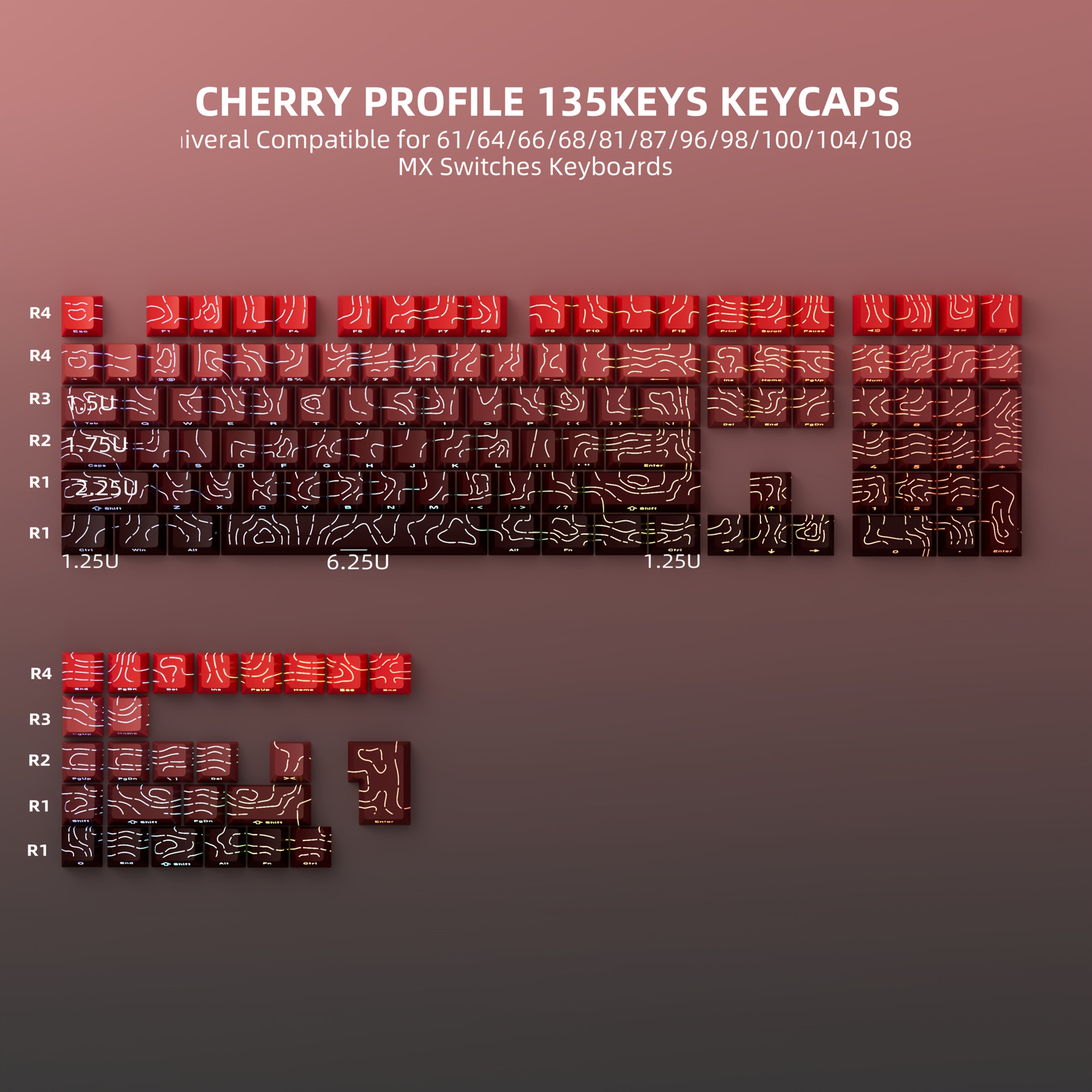 Black And Red Gradient Terrain Keycaps - Shine-Through Line Design, Black