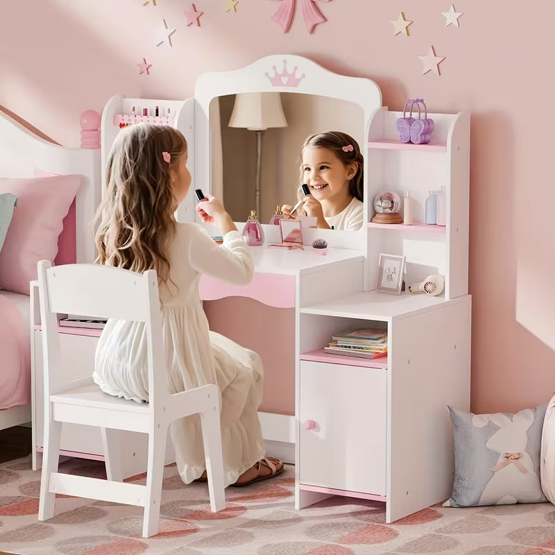 Elegant White 2-in-1 Kids Vanity Set: Storage Cabinet