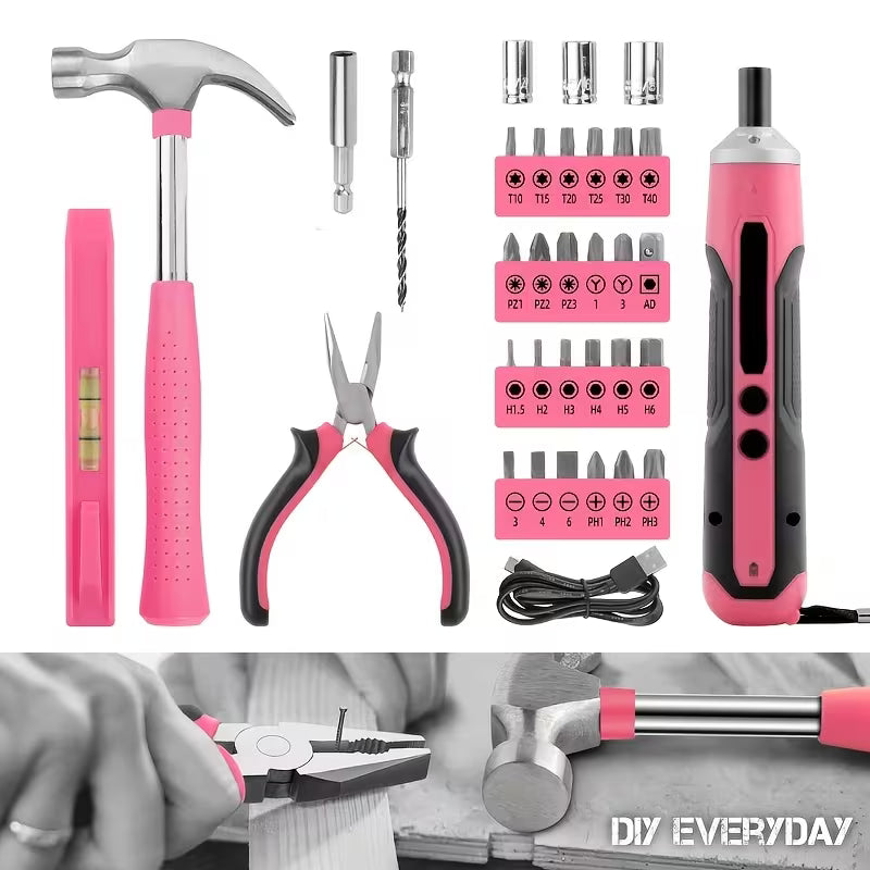 34pcs Pink Cordless Drill & Screwdriver, Women Household DIY Tool Set, Portable USB Electric Drill