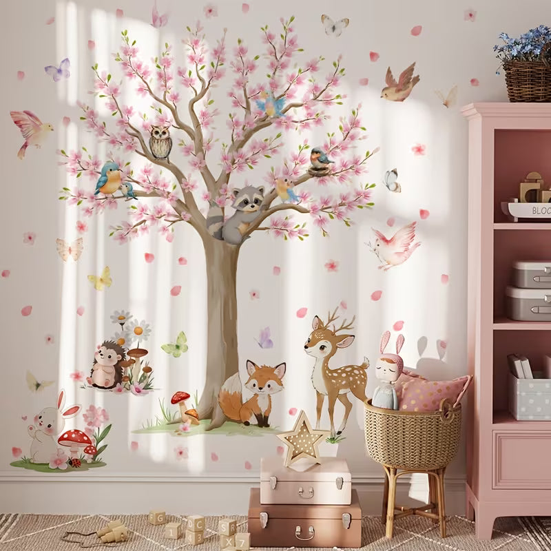 3 Sheets 11.81*35.43inch Peach Blossom Tree Animal Bird Wall Stickers | Self-Adhesive PVC