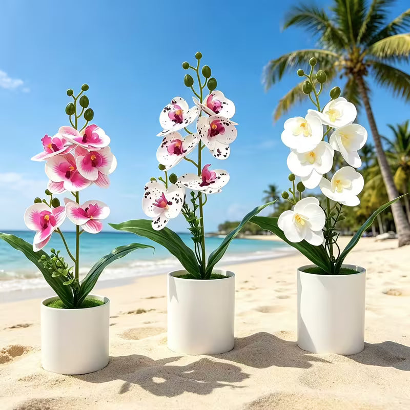 3pcs White Artificial Phalaenopsis Orchid Plant Set in White Pots - Realistic Fake Flowers