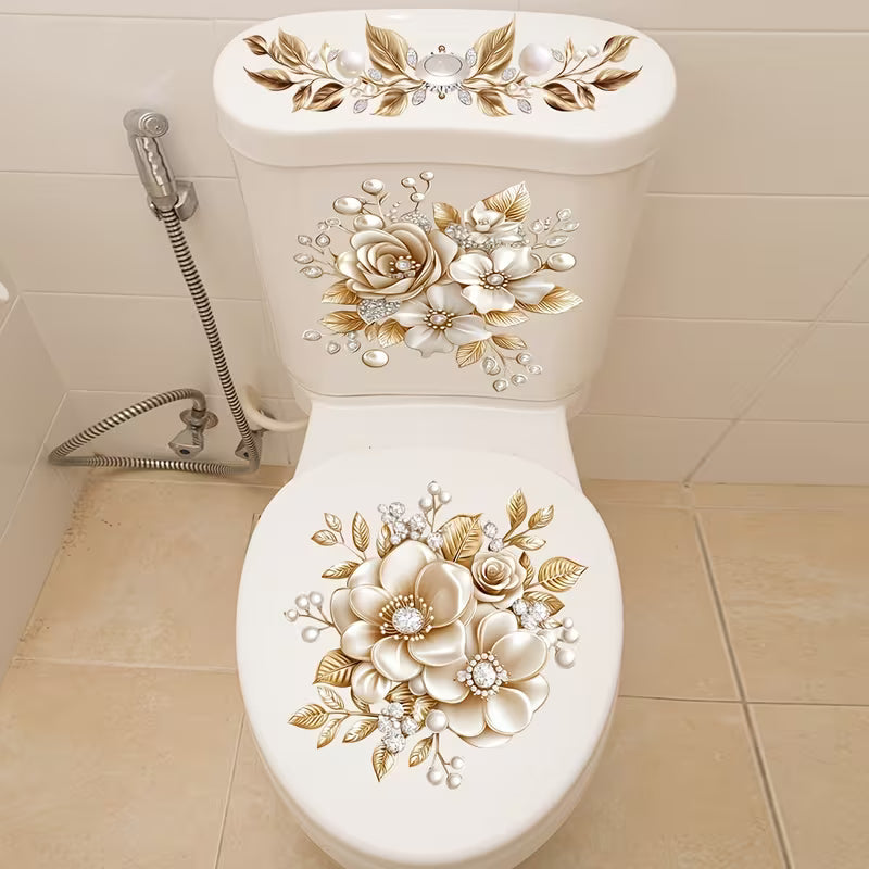 1pc 11.81x23.62inch Light Luxury Golden Bead Floral Toilet Sticker, Exquisite 2D Flat Flower