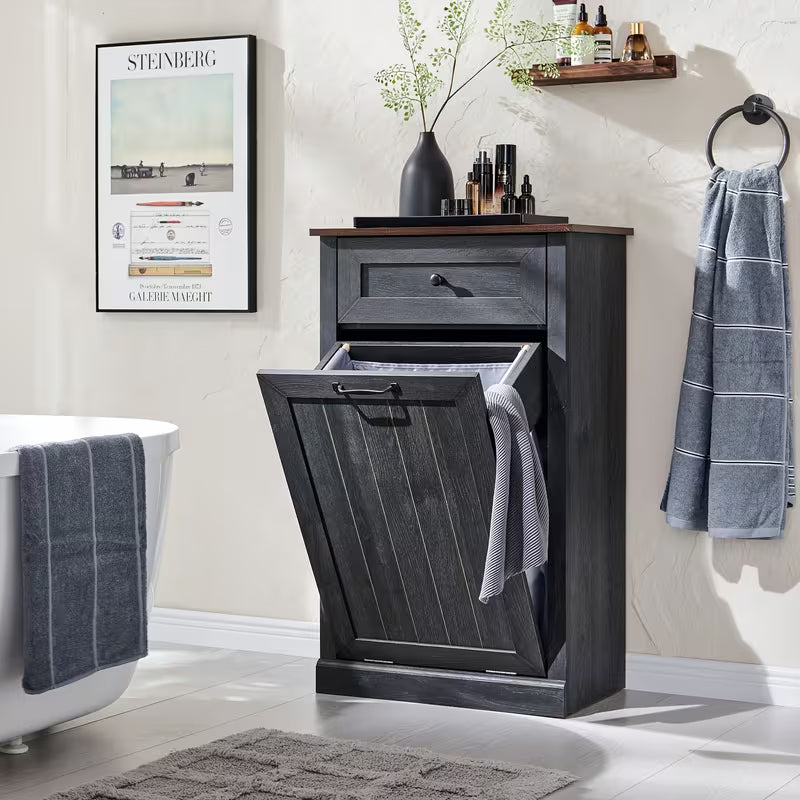 Single/Double Tilt Out Trash Can Cabinet with Drawer, Hidden Wooden Laundry Sorter Cabinet Bathroom