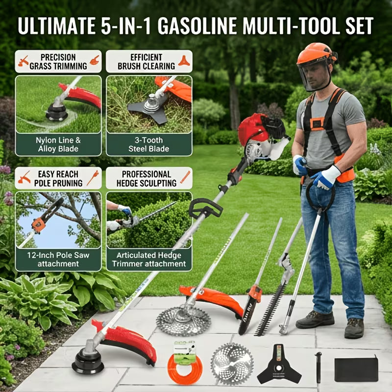 120Cc 6-In-1 Gasoline Brush Cutter/Weed Trimmer/Mower/High-Powered Saw/Lawn Mower, Two-Stroke