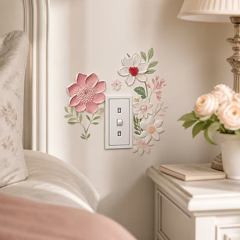 1pc 2D Flat Relief Pink White Floral Switch Wall Sticker, Retro Soft-Colored Flower Leaf