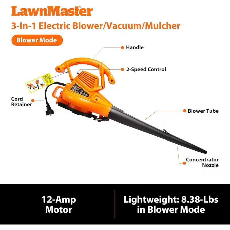 Lawnmaster BV1210 Electric Corded Leaf Blower Vacuum & Mulcher - Powerful 12 Amp 2-Speed Motor