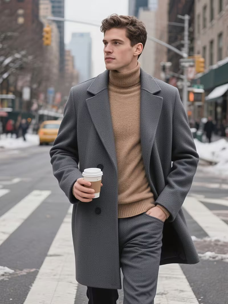 Men's Trench Coat with Notched Lapel, Single-Breasted, Winter Warm Business Long Coat