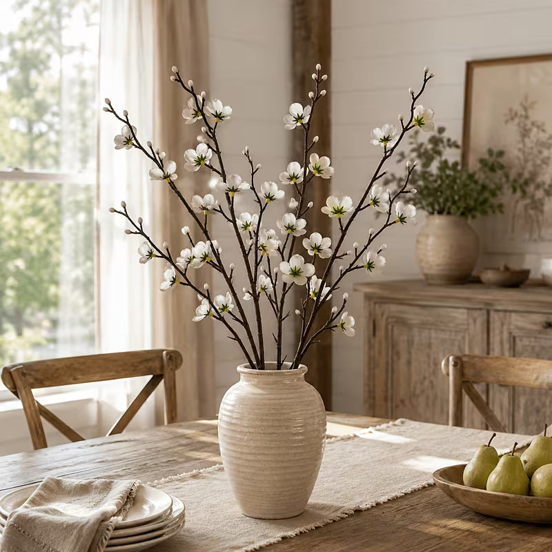 4 Stems of Snow-White Plum Blossoms - Realistic Plastic Flowers, Suitable for Home, Office
