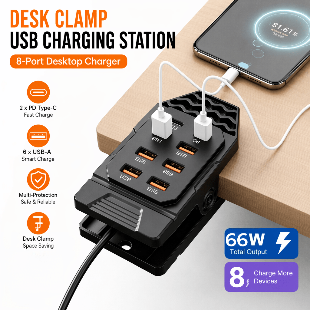 MeiGlobal 8-Port Clip USB Charging Hub, 6 USB-A + 2 Set