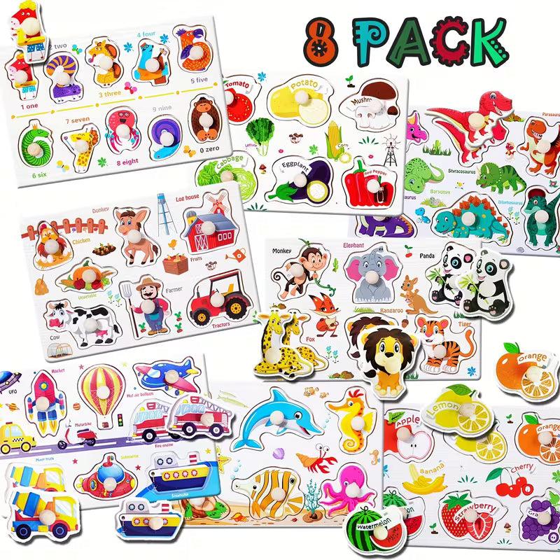 MEZHOBBY 8 Pack Wooden Peg Puzzles for Toddlers 1-3