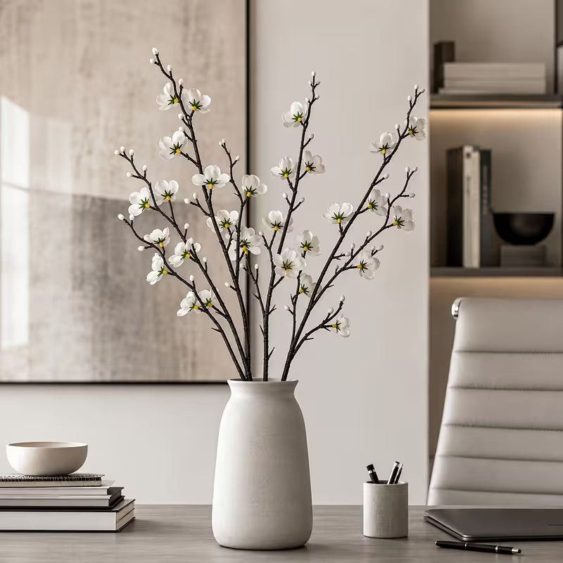 4 Stems of Snow-White Plum Blossoms - Realistic Plastic Flowers, Suitable for Home, Office