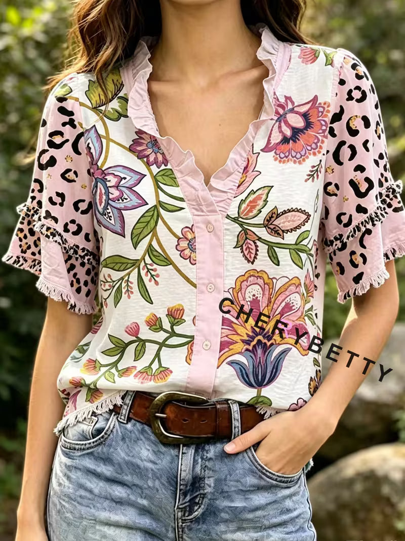 CHERRYBETTY Summer Tops For Women, Blouses High Quality, Mixed Leopard