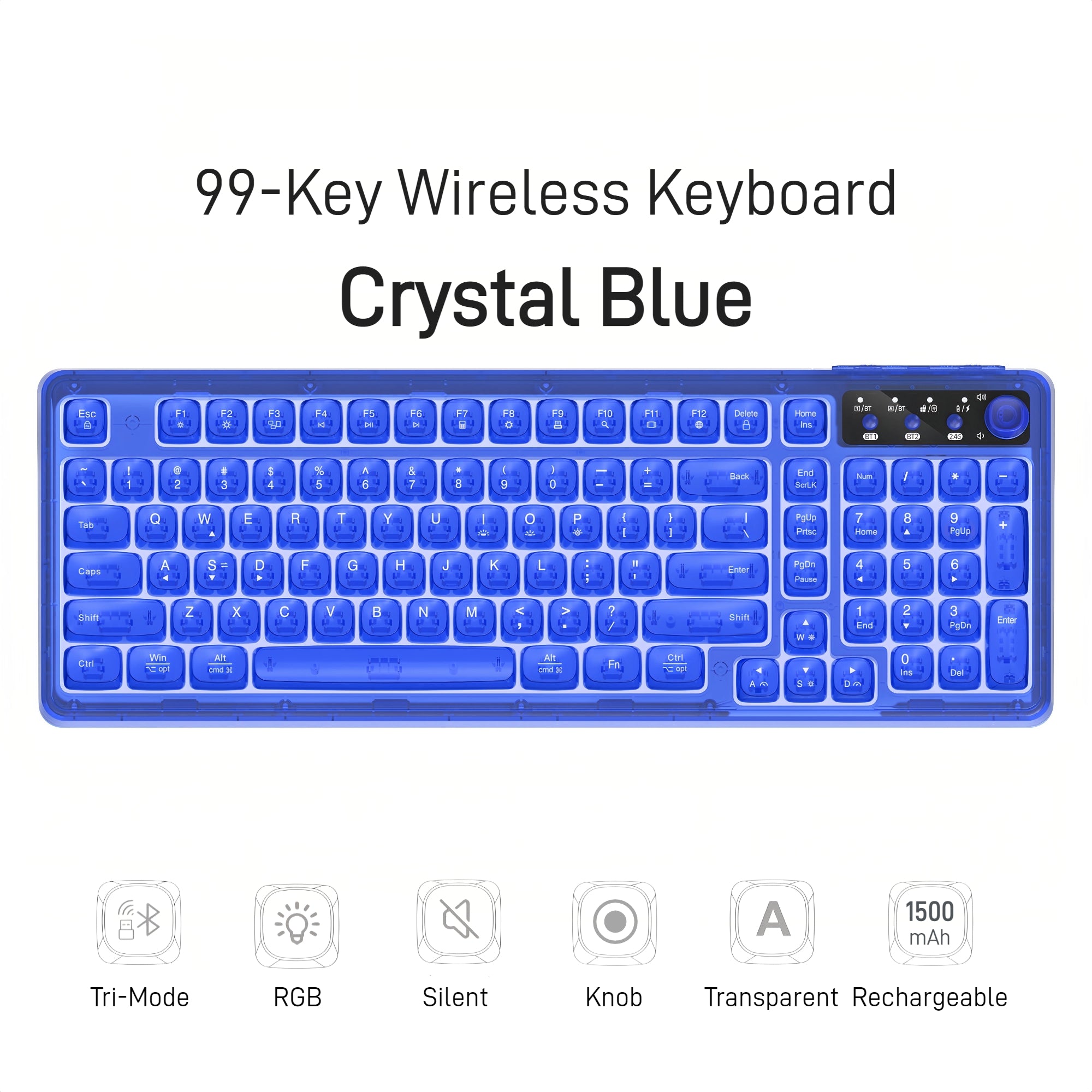Transparent Mechanical-Style Keyboard, 99-Key Crystal RGB Wireless Keyboard