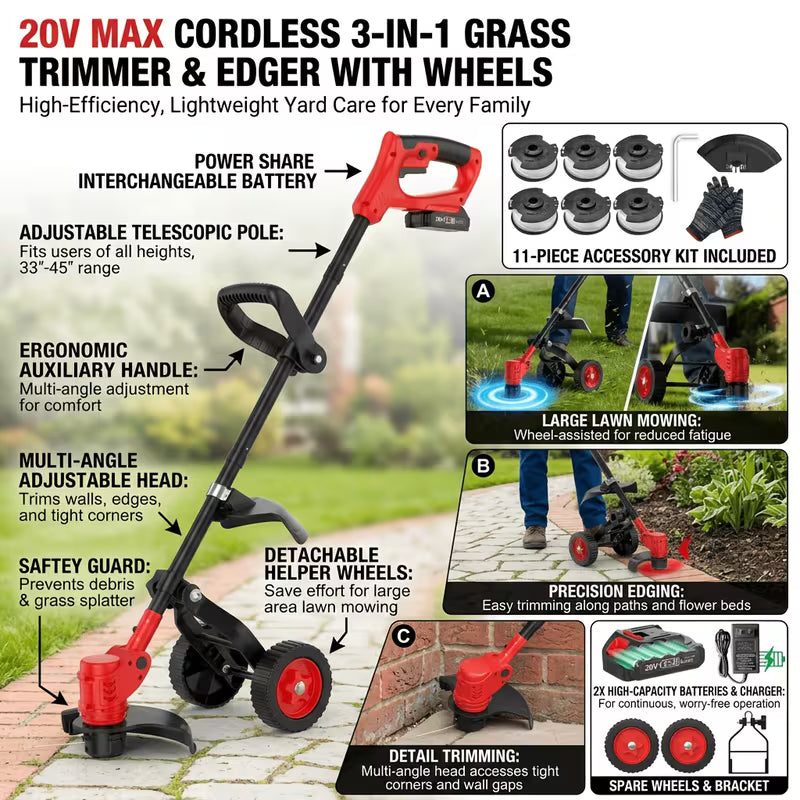 Firenheip 3-In-1 20V Cordless Lawn Mower Trimmer Edger (Choice of 8 Or 5 Spools) Home Garden Weed